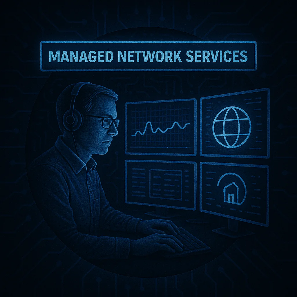 Network engineer monitoring managed network service dashboards across multiple screens