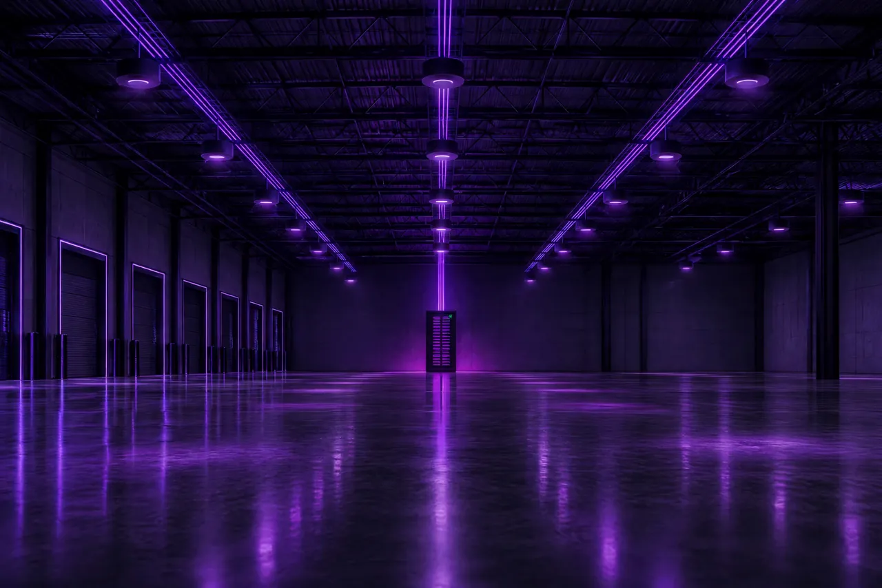 An empty new warehouse at night with violet fiber lines running along the ceiling trusses to wireless access points, converging on a glowing network cabinet at the far wall.