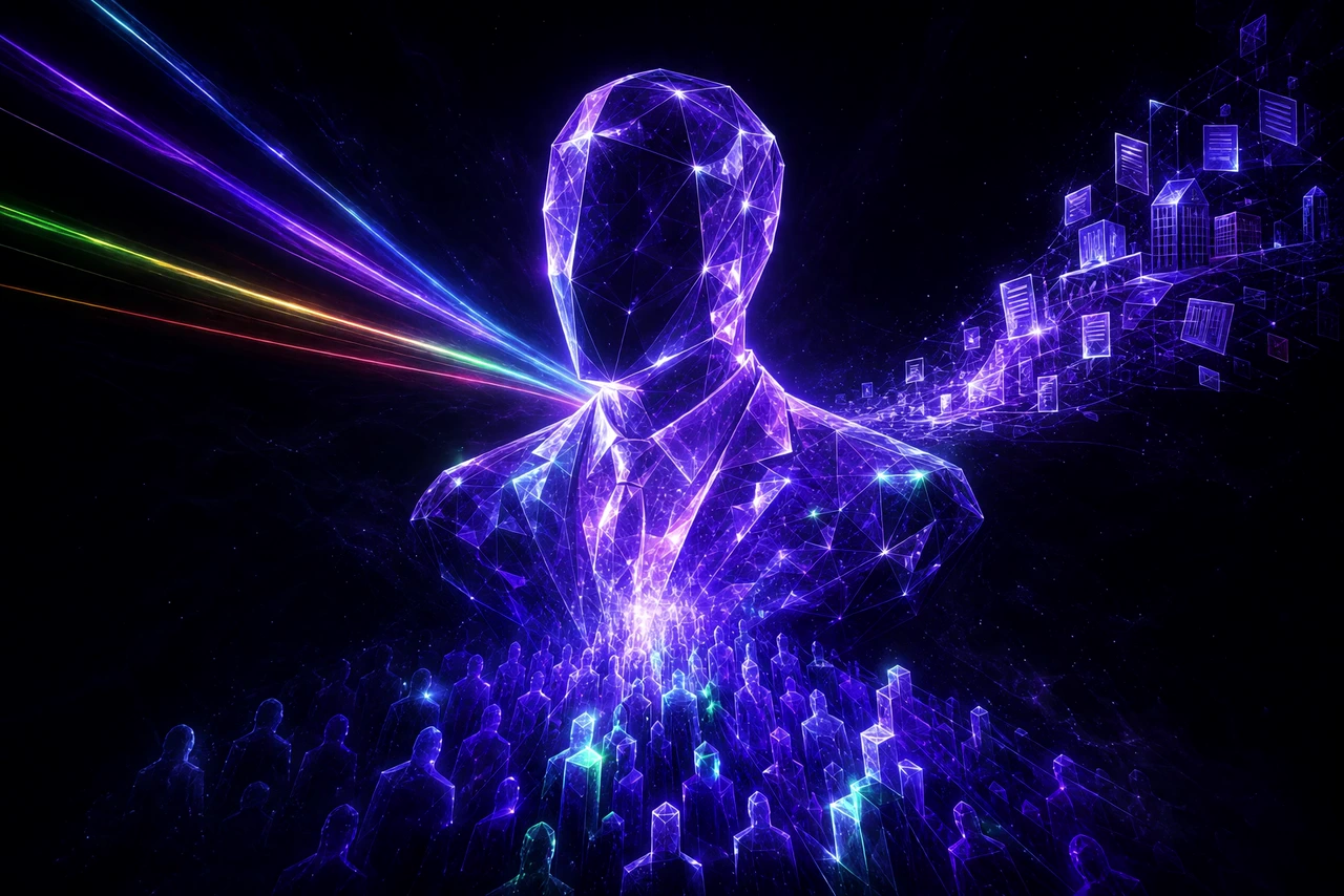 A faceless crystalline bust of a business figure suspended in darkness, drawing in three streams of violet light: a prism refracting into separate bands from the left, a procession of documents and building forms from the right, and a crowd of faint silhouettes rising from below and sharpening into solid markers
