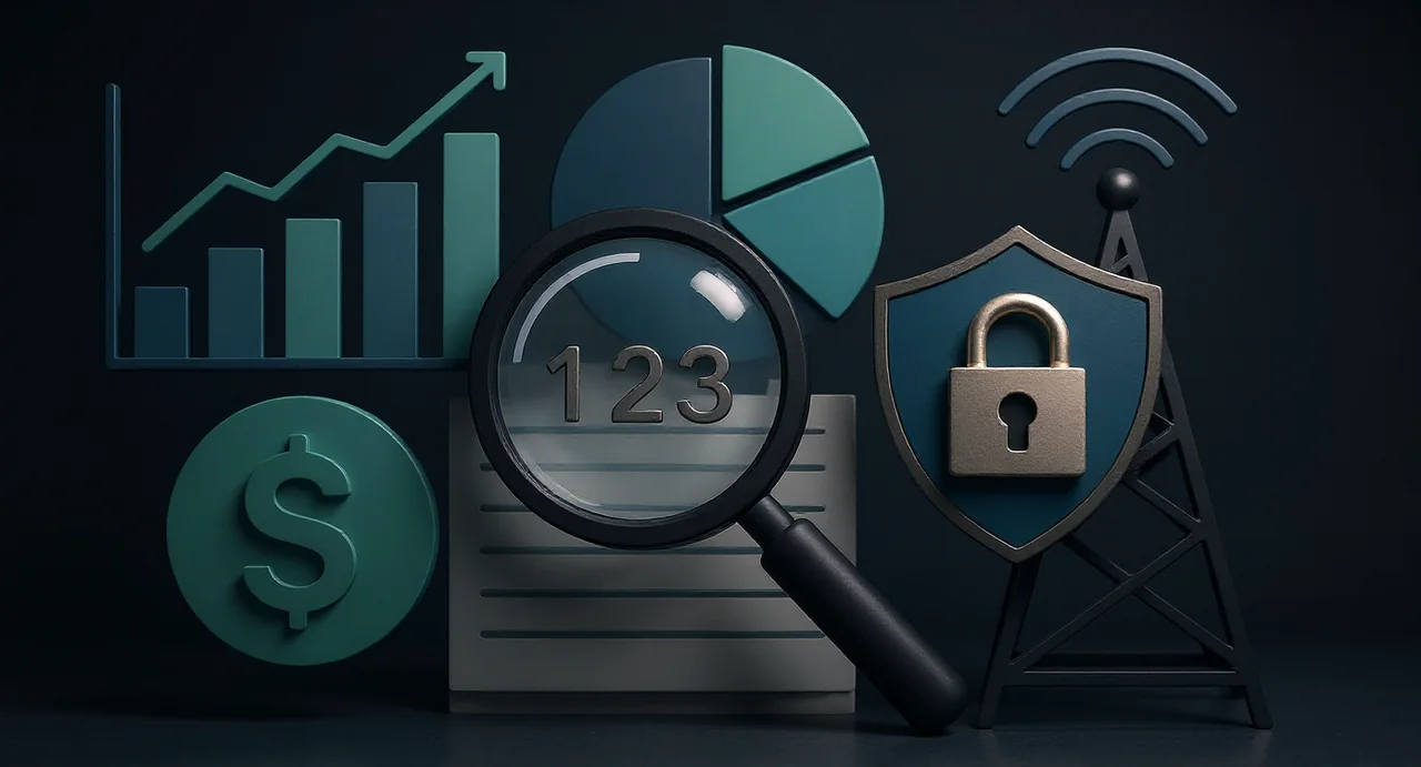 Magnifying glass auditing telecom charges beside a dollar symbol, savings chart, and security shield