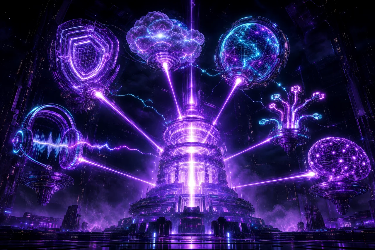 A monumental glowing violet command citadel radiating beams of light to six technology constructs: a security shield, a cloud, a global network sphere, a connectivity array, an AI neural mesh, and a contact center headset