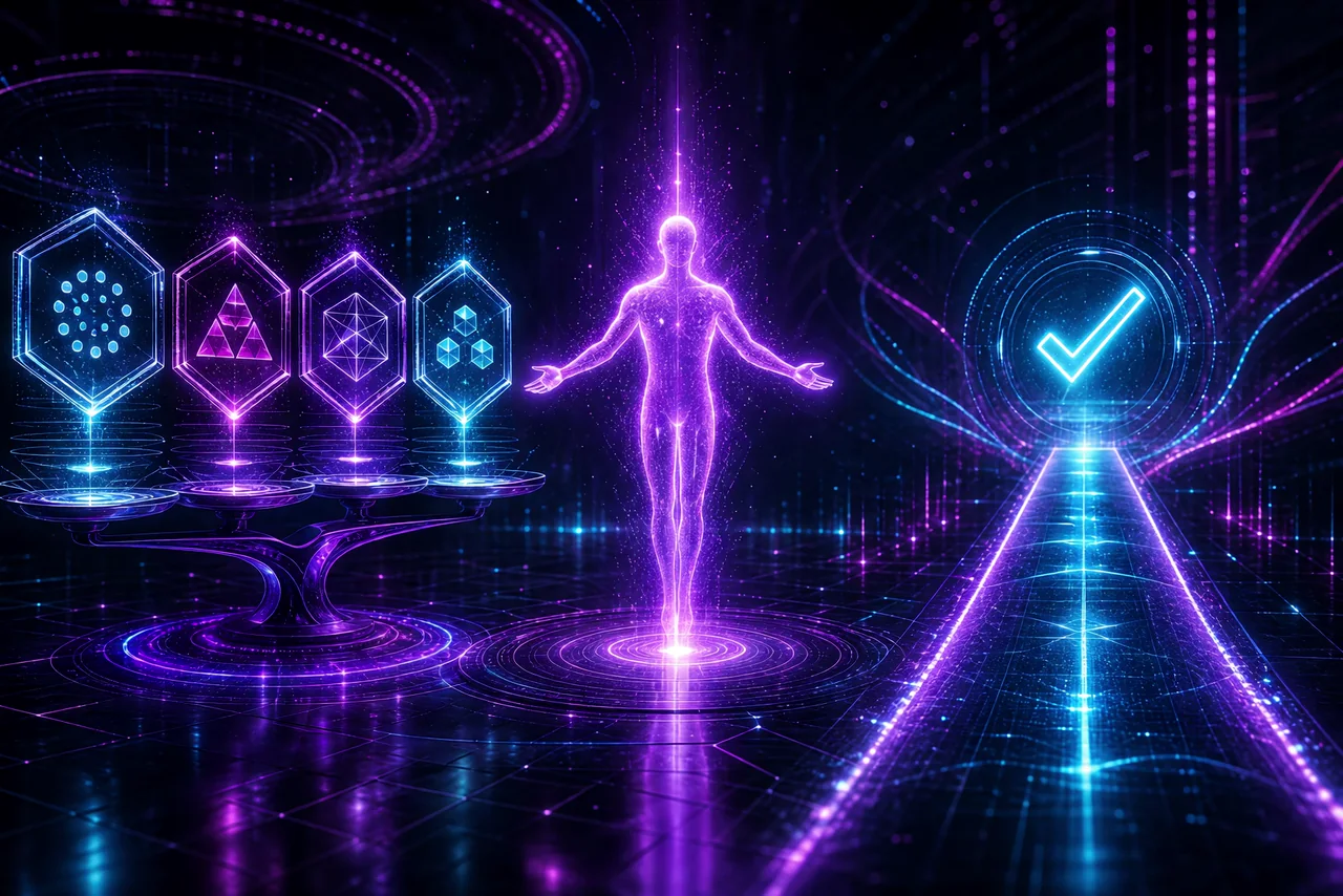 A glowing violet figure standing impartially between a perfectly balanced scale weighing four supplier options and a single lit path ending in a clear checkmark, visualizing unbiased advocacy